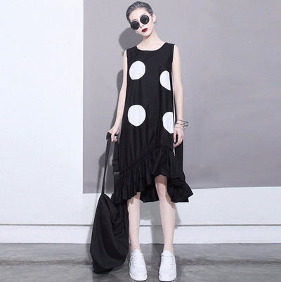 Women Black Sun Dress Large Dots Patches