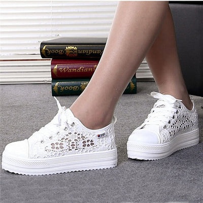 Summer casual ladies shoes cutouts lace canvas hollow