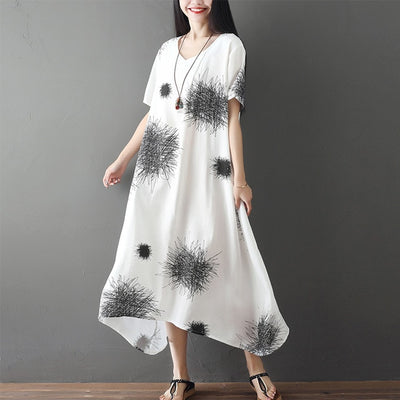 Cotton linen plus size vintage floral sun dress