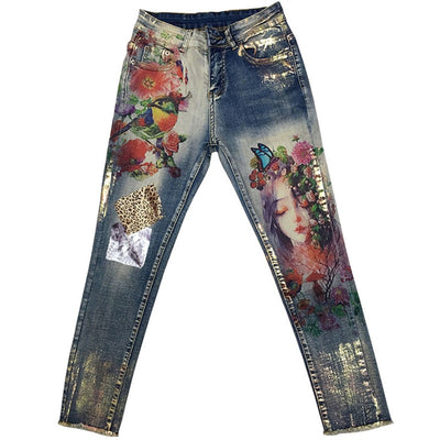 3D Stretchy Jeans With 3D Flowers Pattern