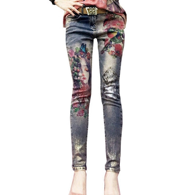 3D Stretchy Jeans With 3D Flowers Pattern