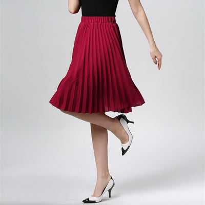Women Solid Color Chiffon Vintage Knee Length Elastic Waist Skirt