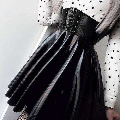 Bandage Faux Leather Black Mini Pleated Skirts