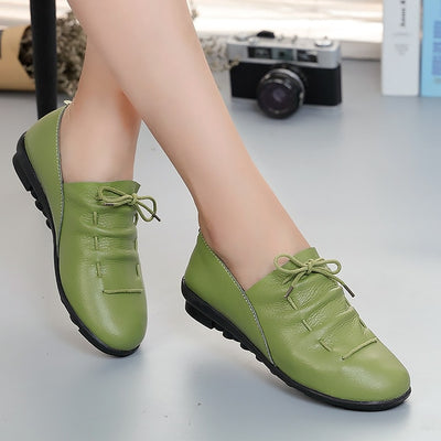 Spring lace-up pleated genuine leather flats shoes